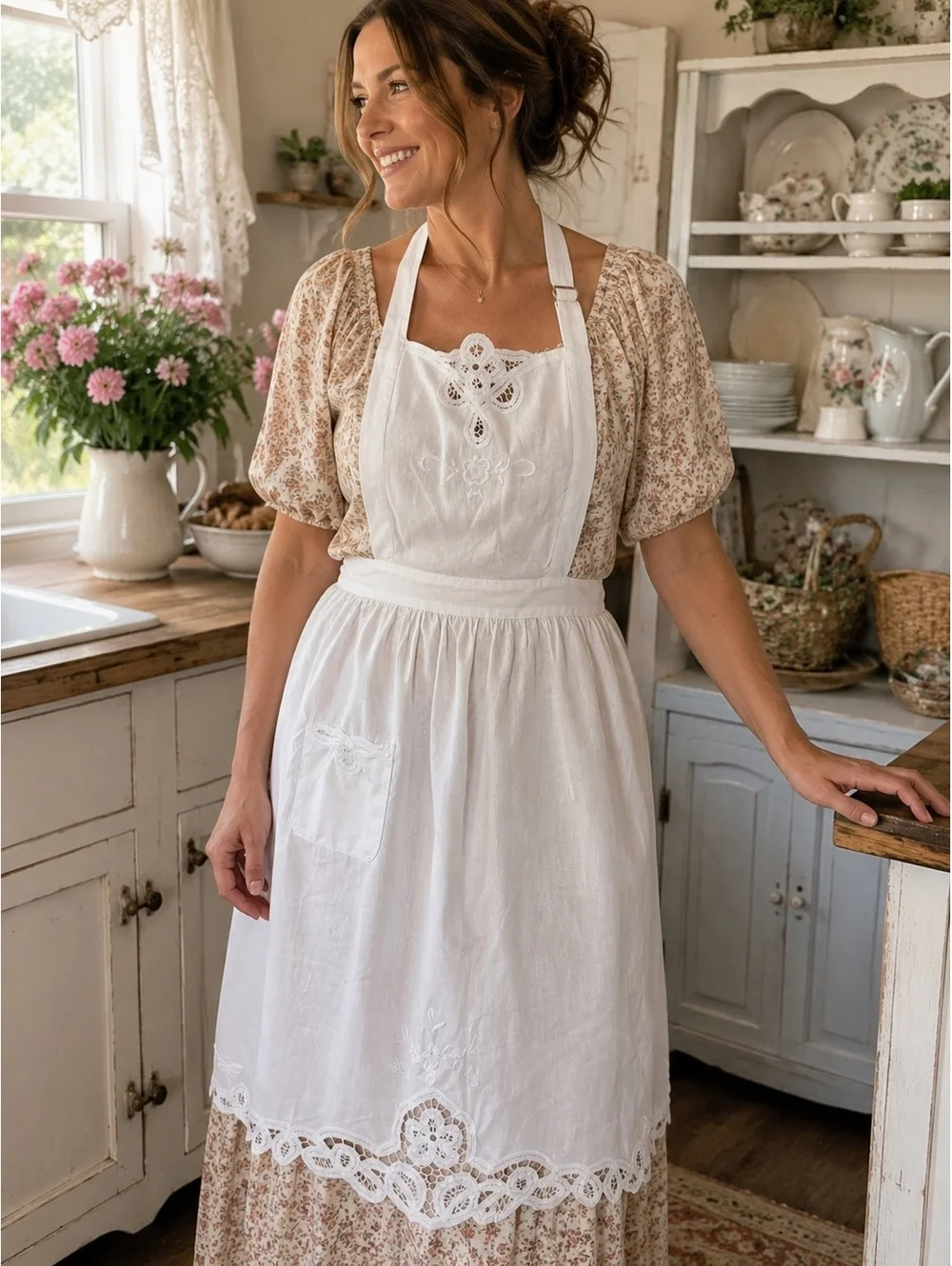Vintage White Embroidered Lace Full Bib Apron Cottage Farmhouse 37 Inch